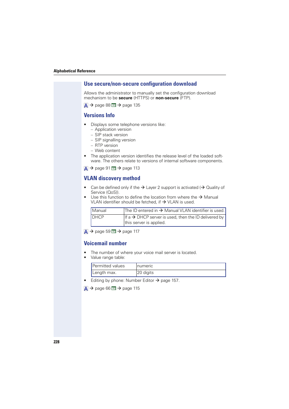 Use secure/non-secure configuration download, Versions info, Vlan discovery method | Voicemail number, Vlan discovery, Voice mail no, Version info | Siemens HIPATH 8000 User Manual | Page 228 / 249