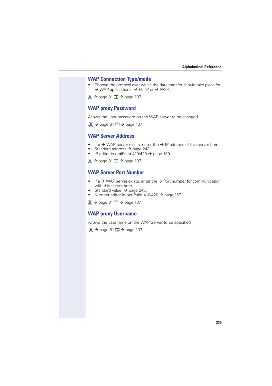 Wap connection type/mode, Wap proxy password, Wap server address | Wap server port number, Wap proxy username | Siemens HIPATH 8000 User Manual | Page 229 / 249