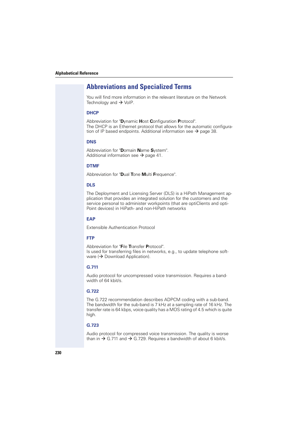 Abbreviations and specialized terms, Dhcp, Dtmf | G.711, G.722, G.723, Æ ftp, Æ dns, Æ dhcp, Æ eap (802 | Siemens HIPATH 8000 User Manual | Page 230 / 249