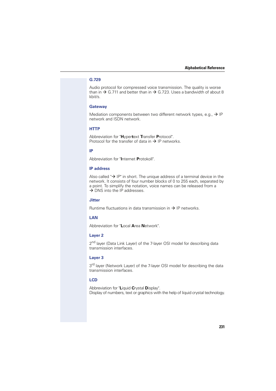 G.729, Gateway, Http | Ip address, Jitter, Layer 2, Layer 3, Æ http, Æ ip address, Æ ip address that w | Siemens HIPATH 8000 User Manual | Page 231 / 249