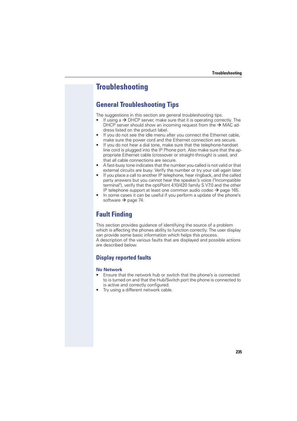 Troubleshooting, General troubleshooting tips, Fault finding | Display reported faults, No network, General troubleshooting tips fault finding | Siemens HIPATH 8000 User Manual | Page 235 / 249