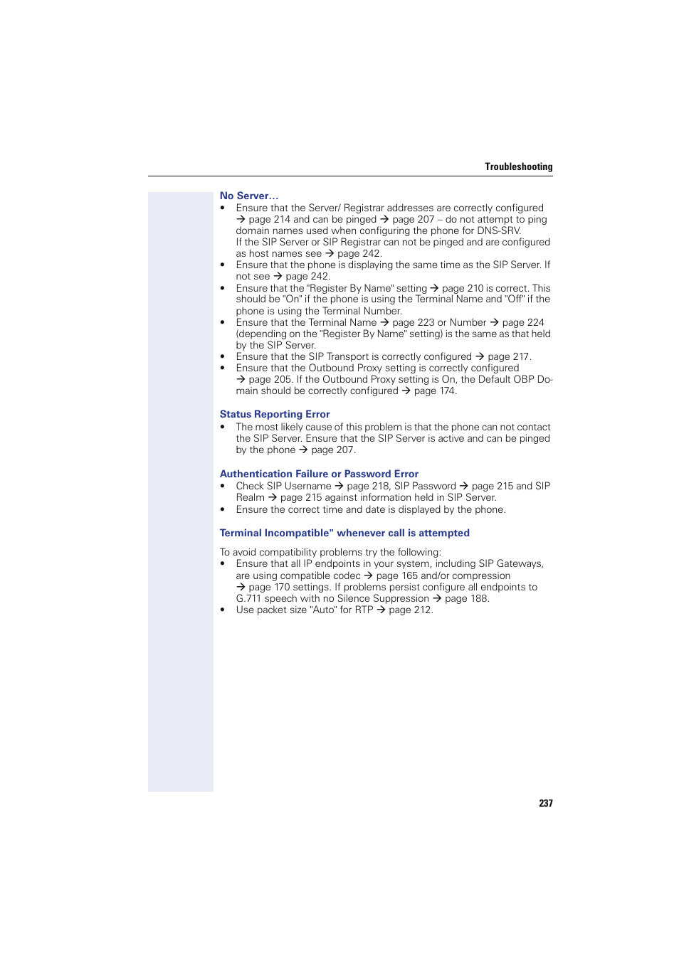 No server, Status reporting error, Authentication failure or password error | Terminal incompatible" whenever call is attempted | Siemens HIPATH 8000 User Manual | Page 237 / 249