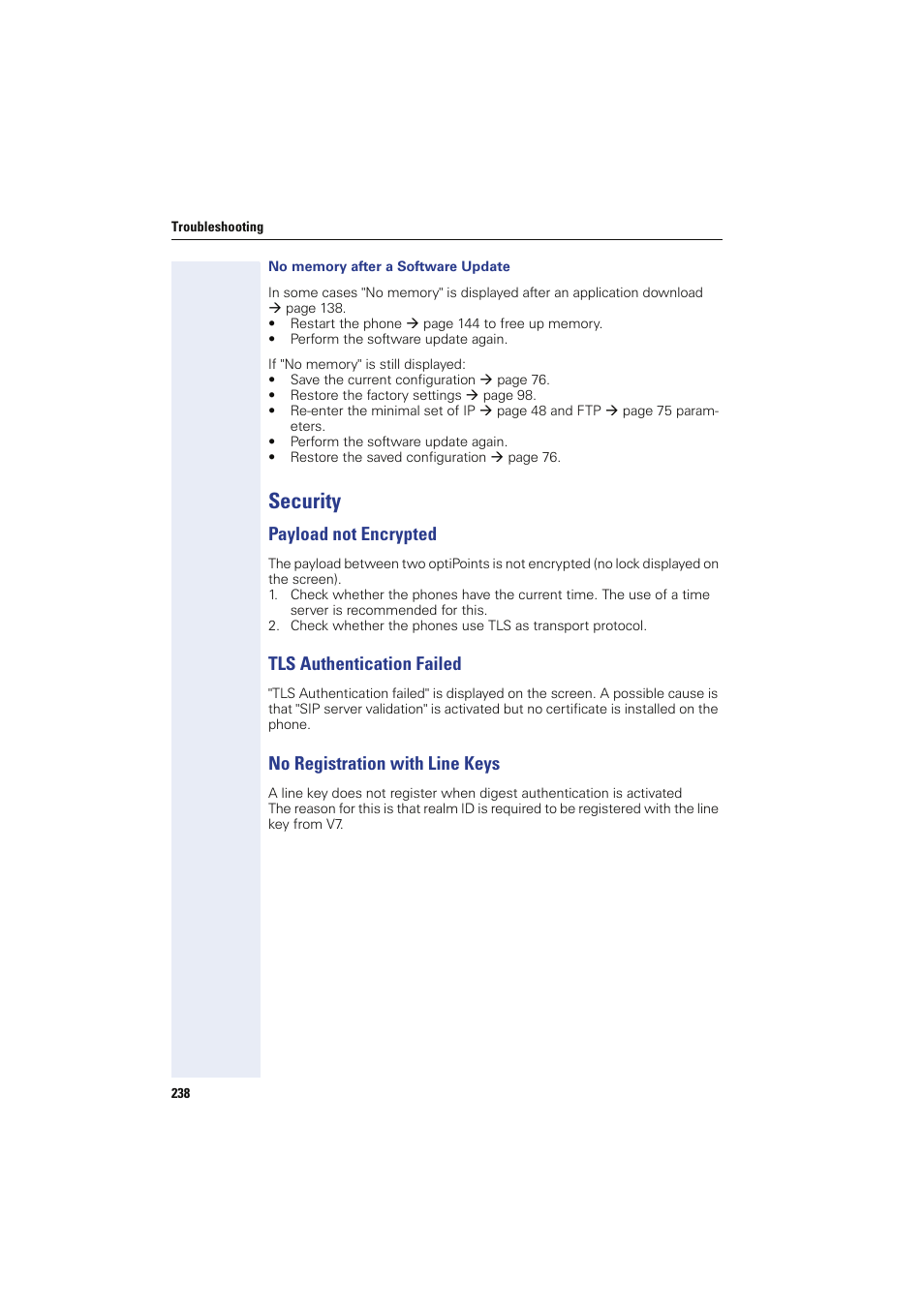 No memory after a software update, Security, Payload not encrypted | Tls authentication failed, No registration with line keys | Siemens HIPATH 8000 User Manual | Page 238 / 249