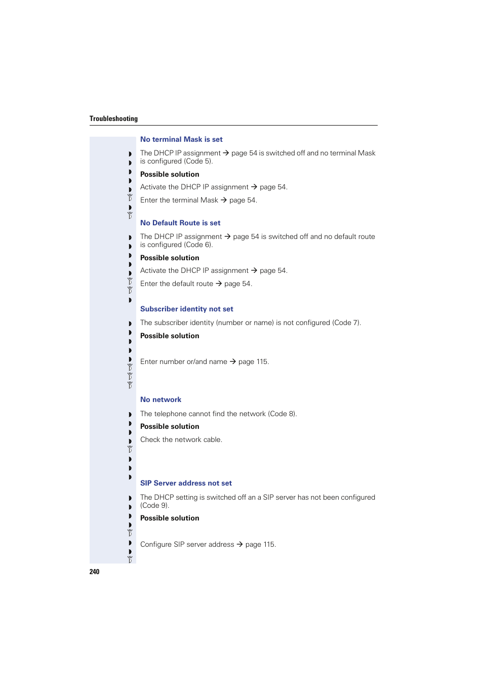 No terminal mask is set, No default route is set, Subscriber identity not set | No network, Sip server address not set | Siemens HIPATH 8000 User Manual | Page 240 / 249