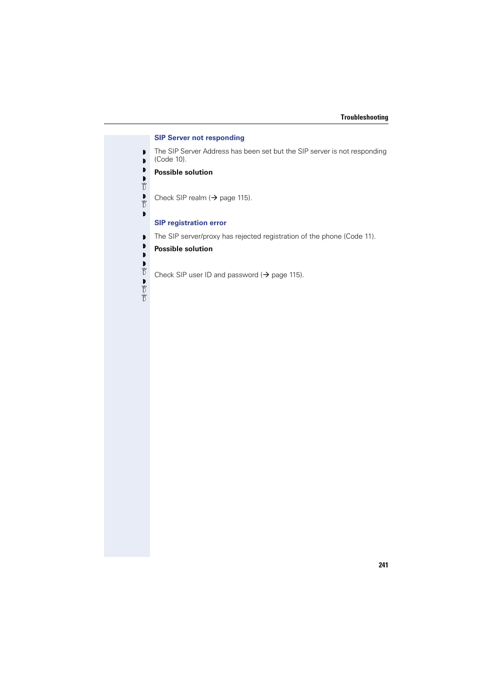 Sip server not responding, Sip registration error | Siemens HIPATH 8000 User Manual | Page 241 / 249