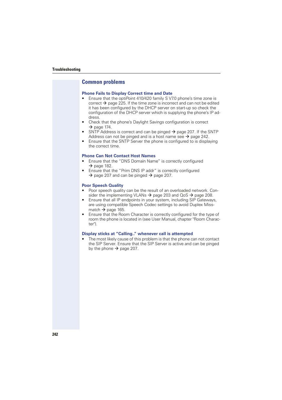 Common problems, Phone fails to display correct time and date, Phone can not contact host names | Poor speech quality | Siemens HIPATH 8000 User Manual | Page 242 / 249