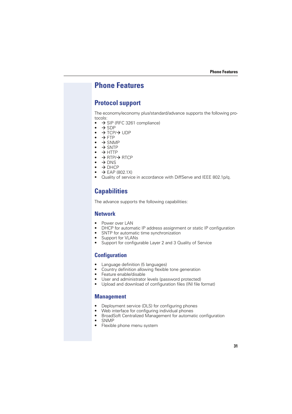 Phone features, Protocol support, Capabilities | Network, Configuration, Management, Protocol support capabilities, Network configuration management | Siemens HIPATH 8000 User Manual | Page 31 / 249