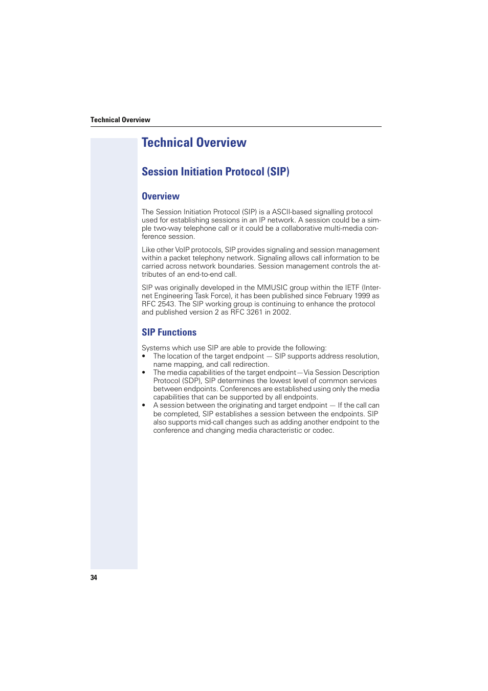 Technical overview, Session initiation protocol (sip), Overview | Sip functions, Overview sip functions | Siemens HIPATH 8000 User Manual | Page 34 / 249