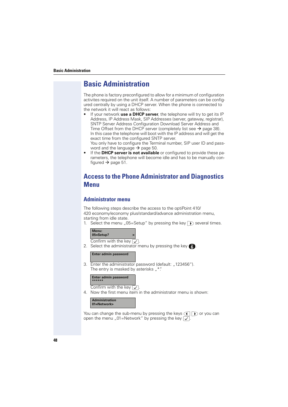 Basic administration, Administrator menu | Siemens HIPATH 8000 User Manual | Page 48 / 249