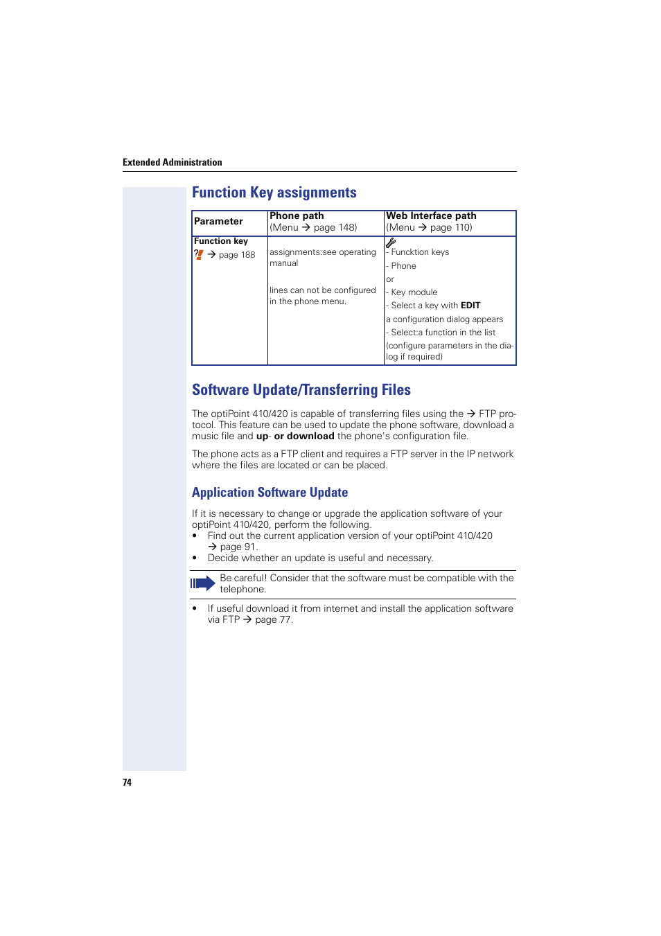 Function key assignments, Software update/transferring files, Application software update | Siemens HIPATH 8000 User Manual | Page 74 / 249