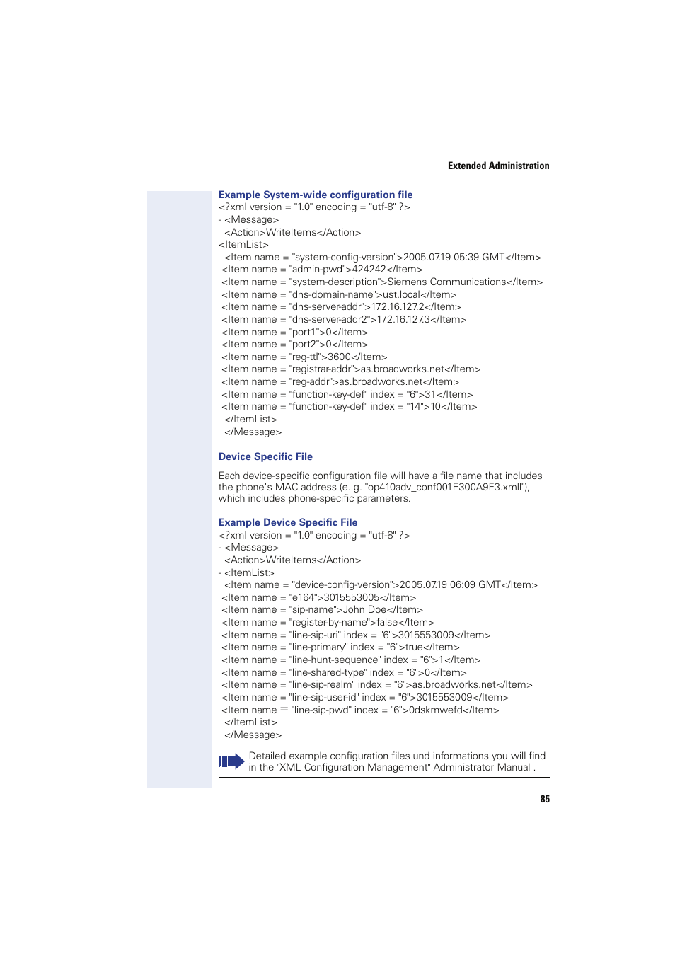 Example system-wide configuration file, Device specific file, Example device specific file | Siemens HIPATH 8000 User Manual | Page 85 / 249