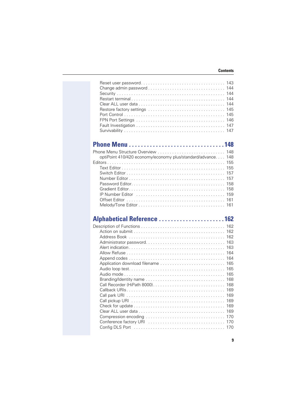 Phone menu, Alphabetical reference | Siemens HIPATH 8000 User Manual | Page 9 / 249