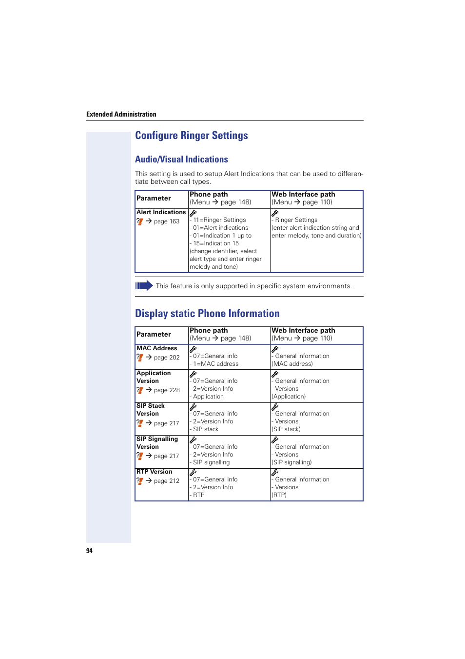 Configure ringer settings, Audio/visual indications, Display static phone information | Siemens HIPATH 8000 User Manual | Page 94 / 249