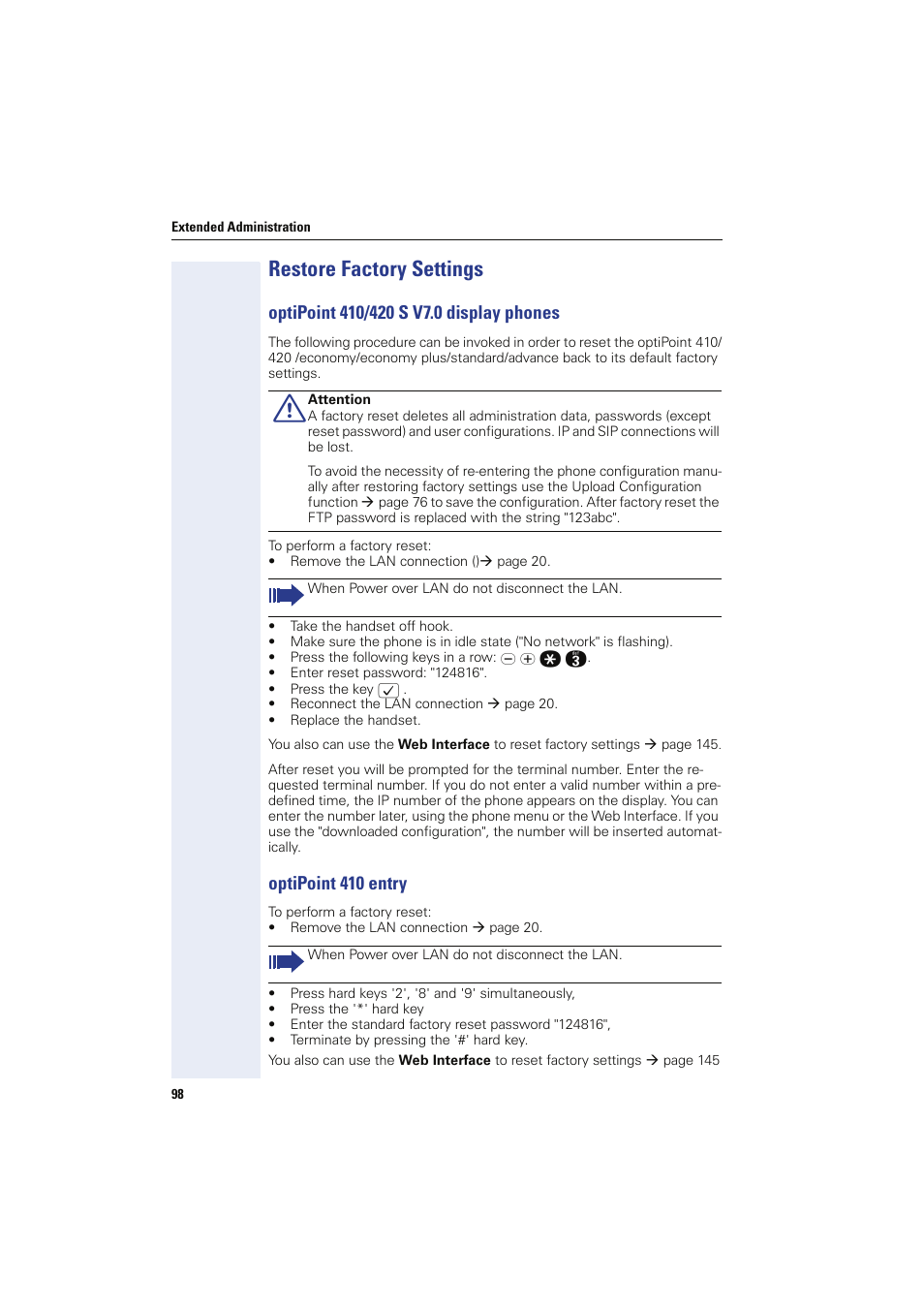 Restore factory settings, Optipoint 410/420 s v7.0 display phones, Optipoint 410 entry | Siemens HIPATH 8000 User Manual | Page 98 / 249