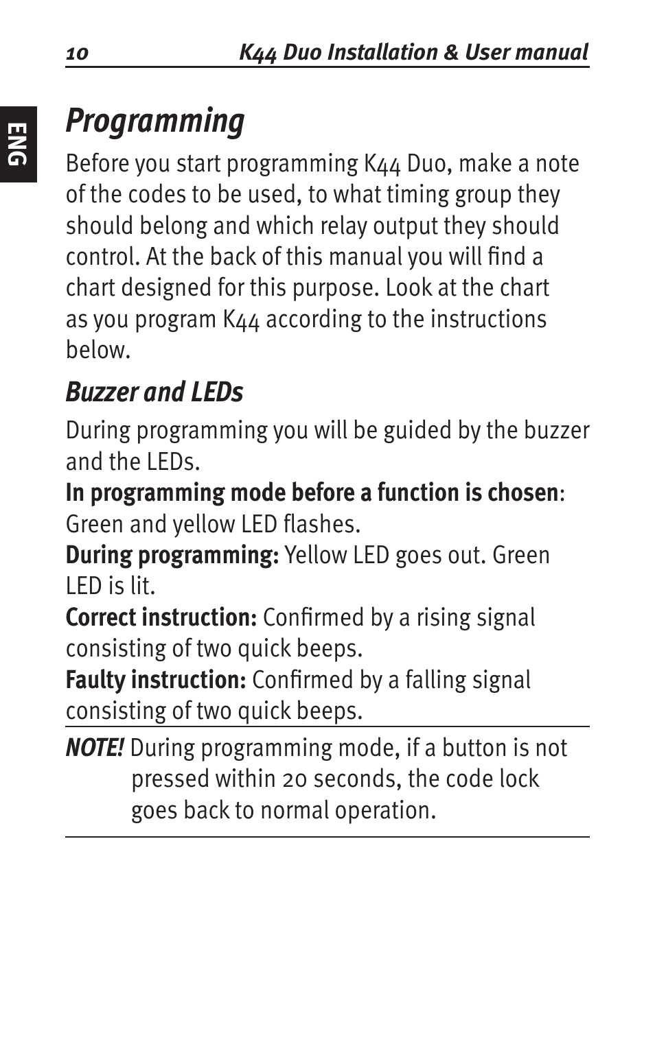 Programming, Buzzer and leds | Siemens K44 User Manual | Page 10 / 184