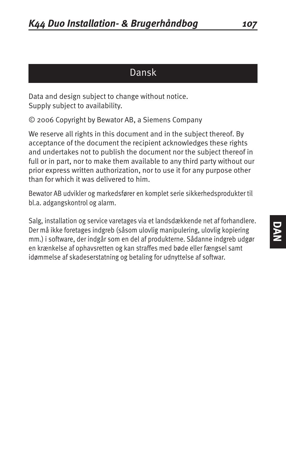 Dansk | Siemens K44 User Manual | Page 107 / 184