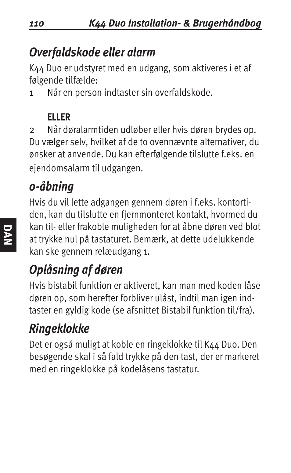 Overfaldskode eller alarm, Åbning, Oplåsning af døren | Ringeklokke | Siemens K44 User Manual | Page 110 / 184