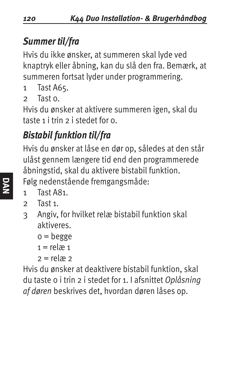 Summer til/fra, Bistabil funktion til/fra | Siemens K44 User Manual | Page 120 / 184