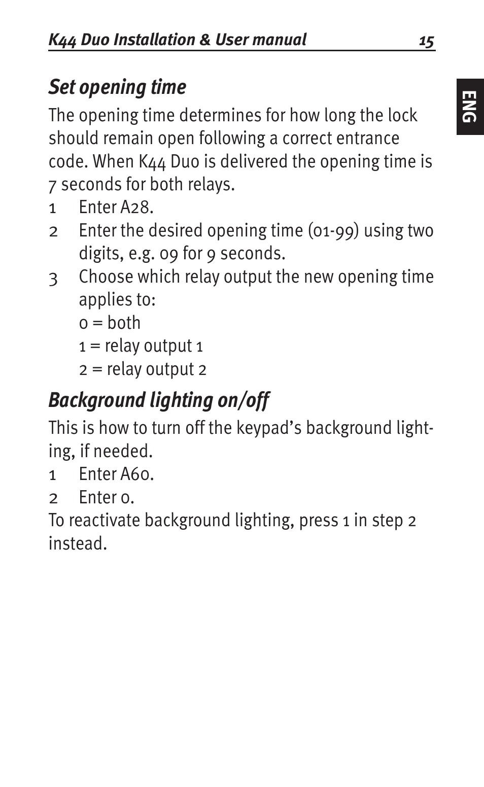 Set opening time, Background lighting on/off | Siemens K44 User Manual | Page 15 / 184