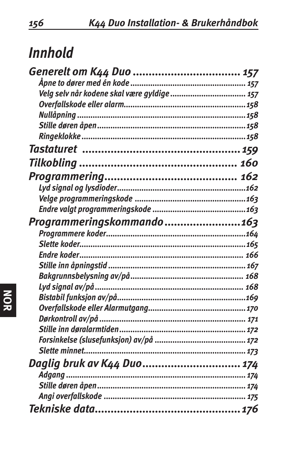 Innhold, Generelt om k44 duo, Tastaturet tilkobling programmering | Programmeringskommando, Daglig bruk av k44 duo, Tekniske data | Siemens K44 User Manual | Page 156 / 184