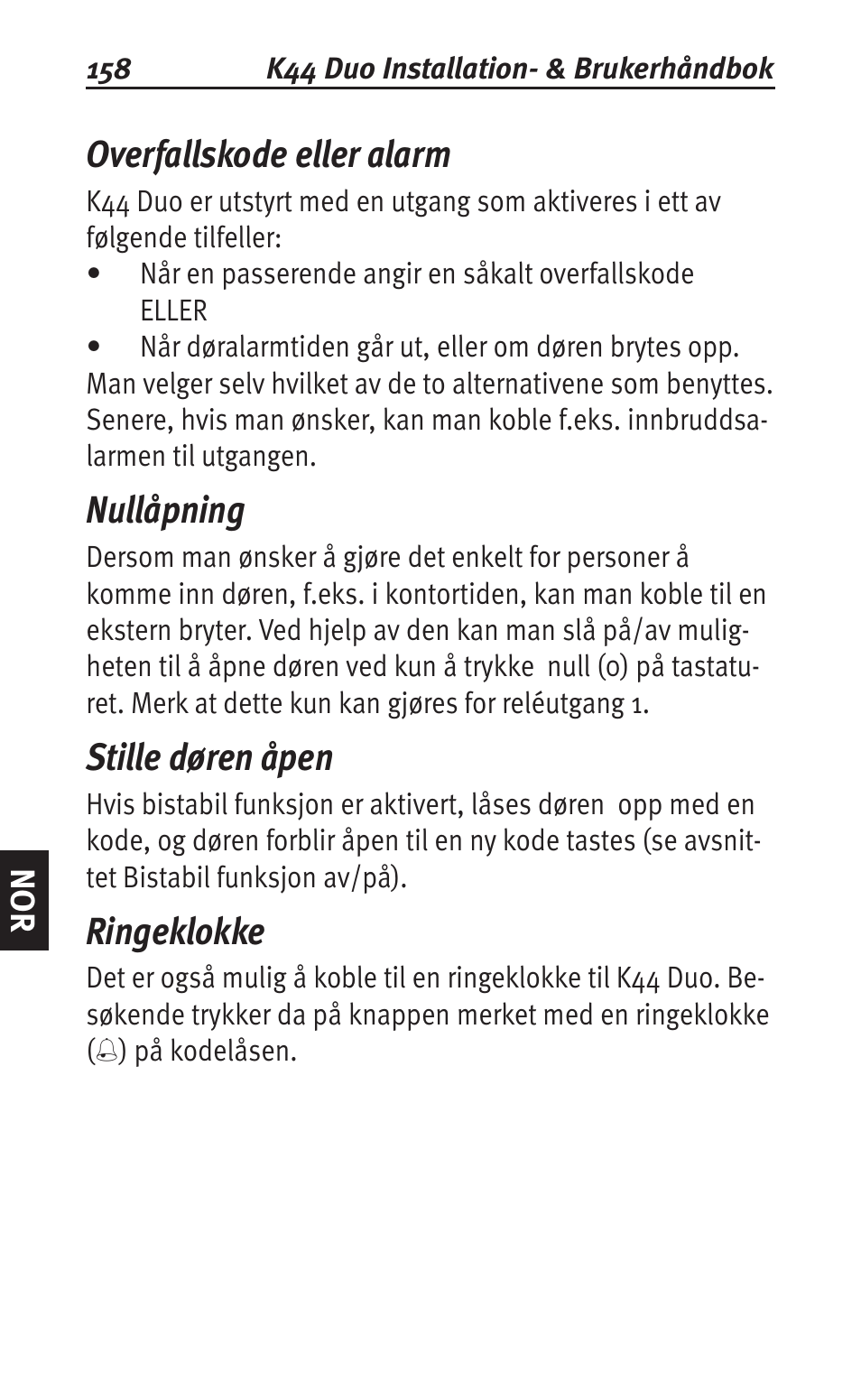 Overfallskode eller alarm, Nullåpning, Stille døren åpen | Ringeklokke | Siemens K44 User Manual | Page 158 / 184