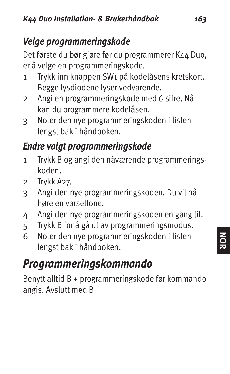 Velge programmeringskode, Endre valgt programmeringskode, Programmeringskommando | Siemens K44 User Manual | Page 163 / 184