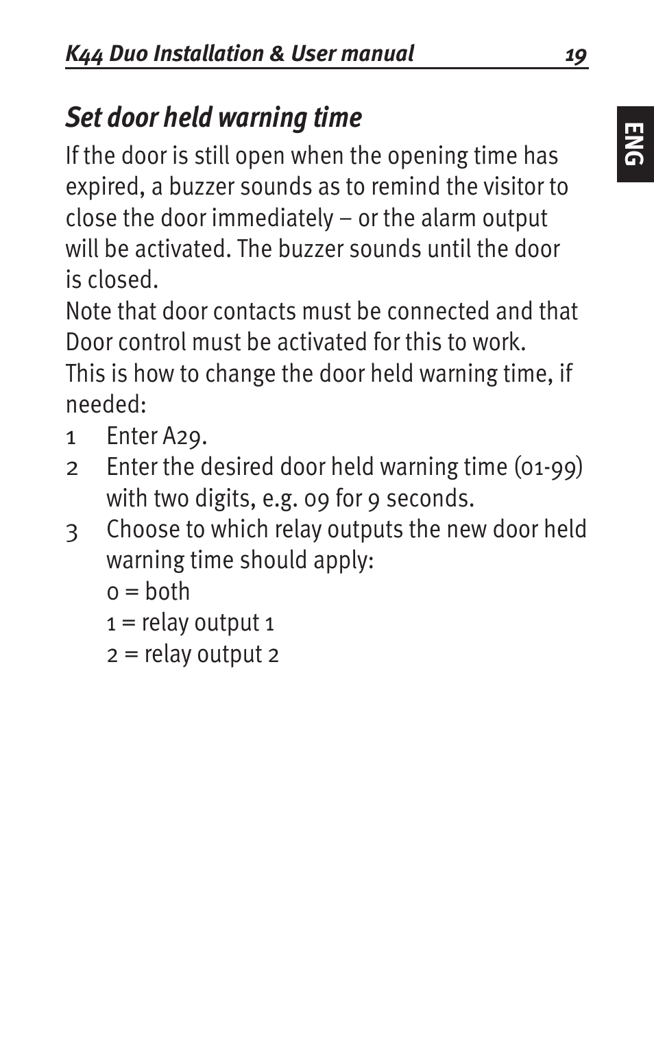 Set door held warning time | Siemens K44 User Manual | Page 19 / 184