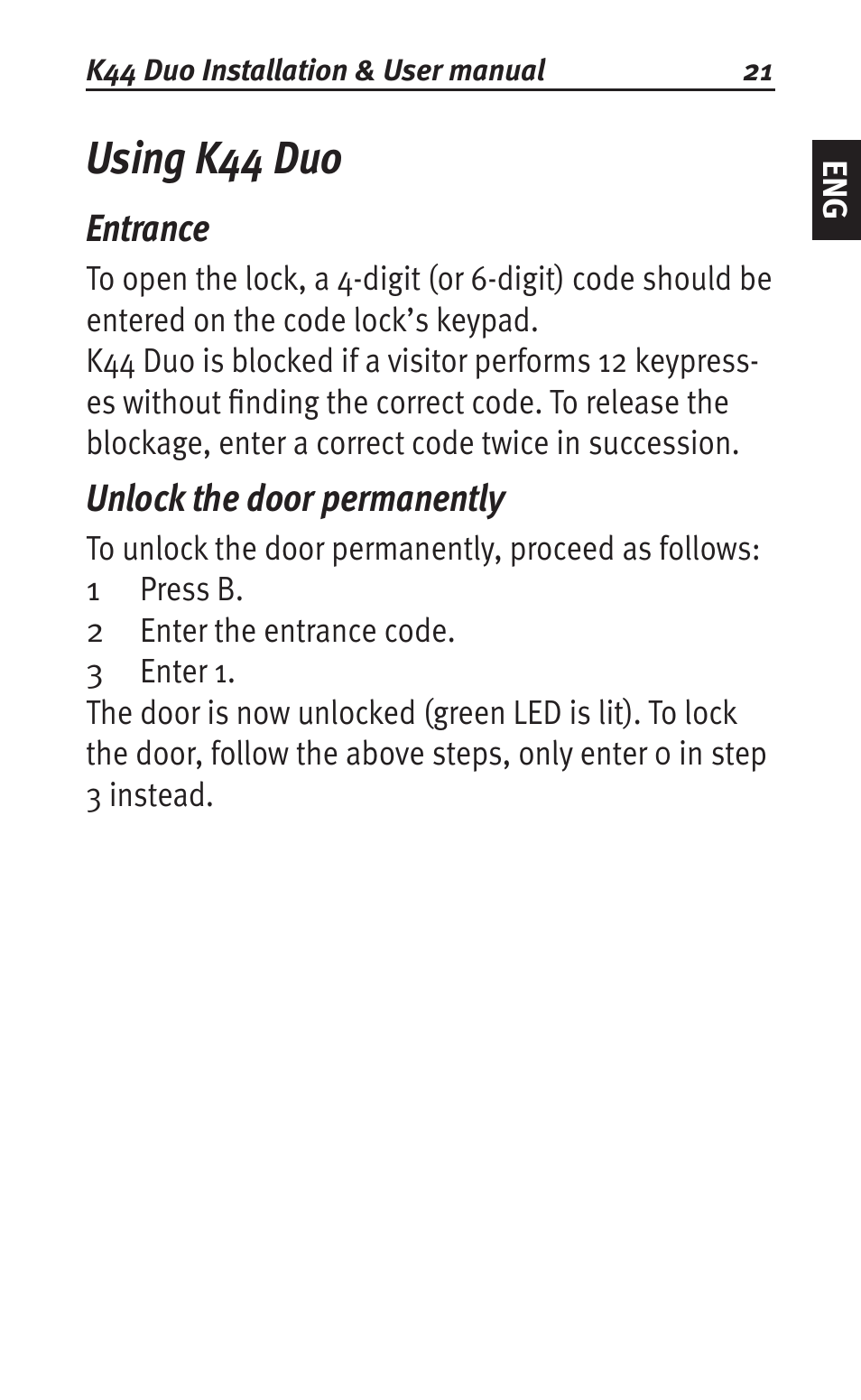 Using k44 duo, Entrance, Unlock the door permanently | Siemens K44 User Manual | Page 21 / 184