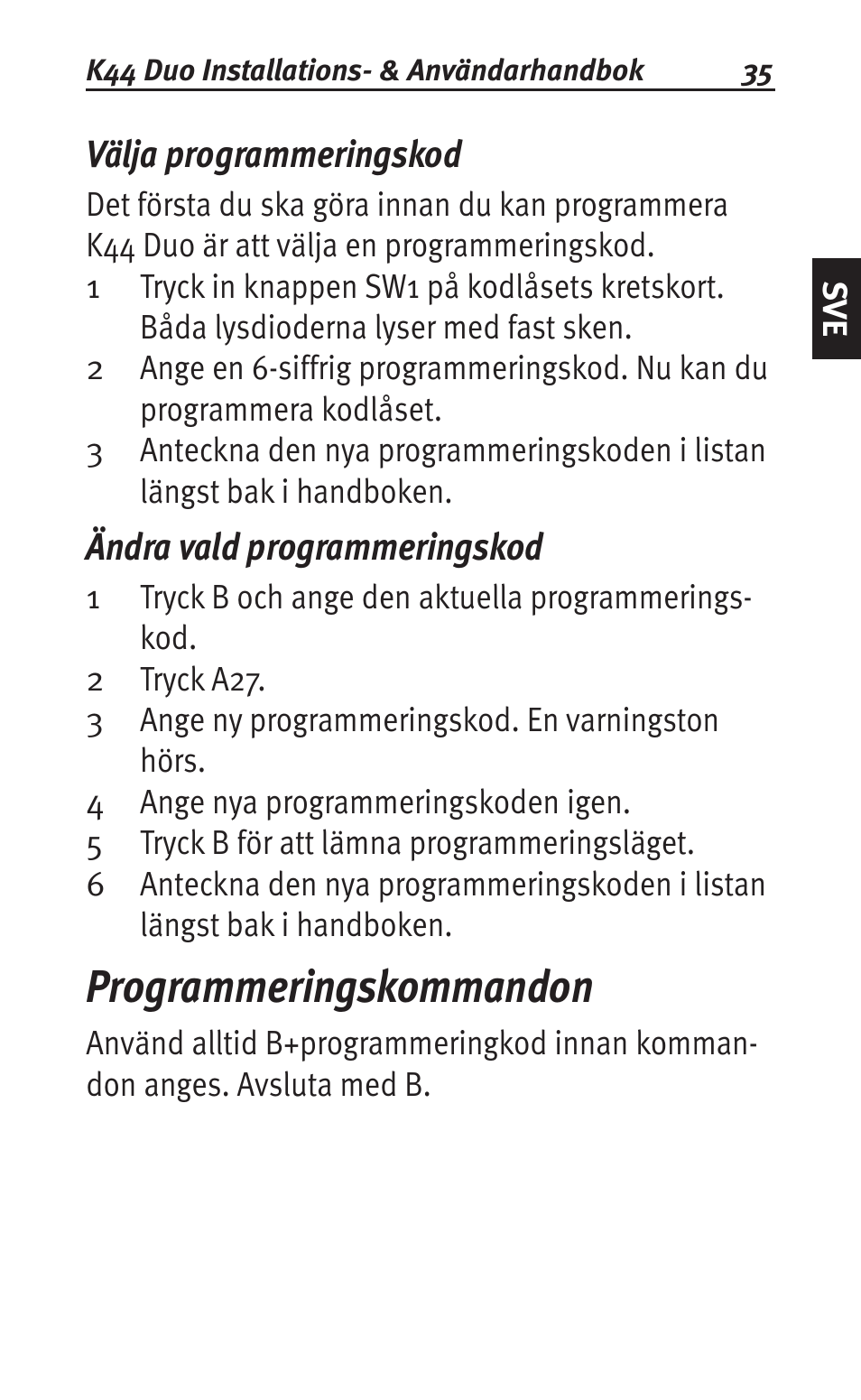 Välja programmeringskod, Ändra vald programmeringskod, Programmeringskommandon | Siemens K44 User Manual | Page 35 / 184