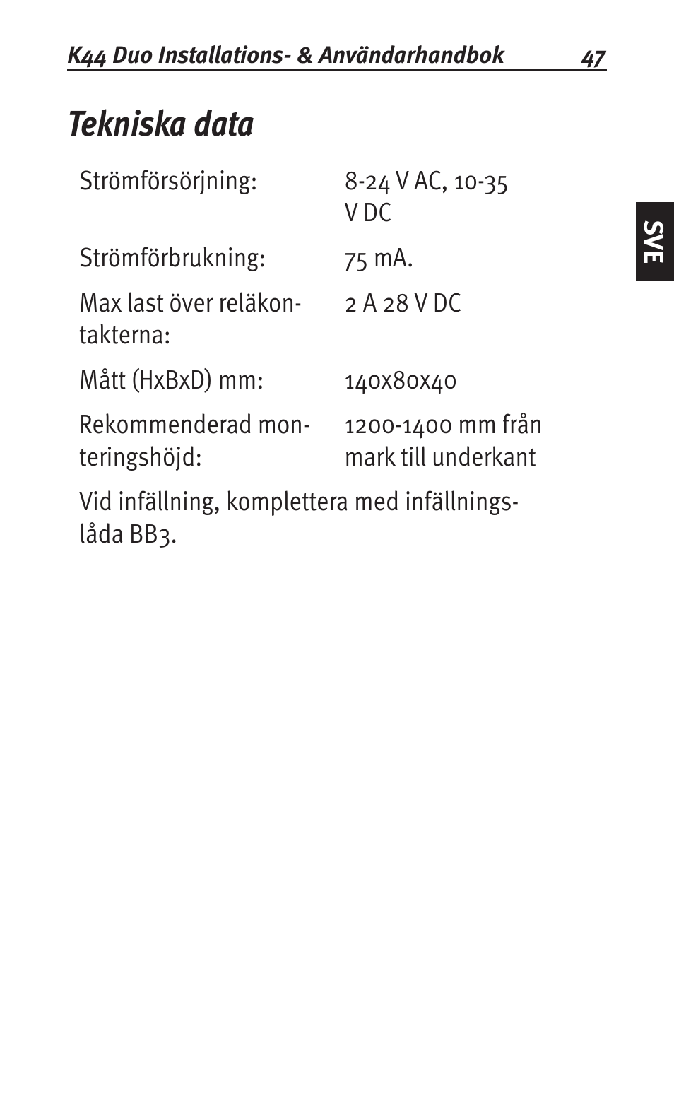 Tekniska data | Siemens K44 User Manual | Page 47 / 184
