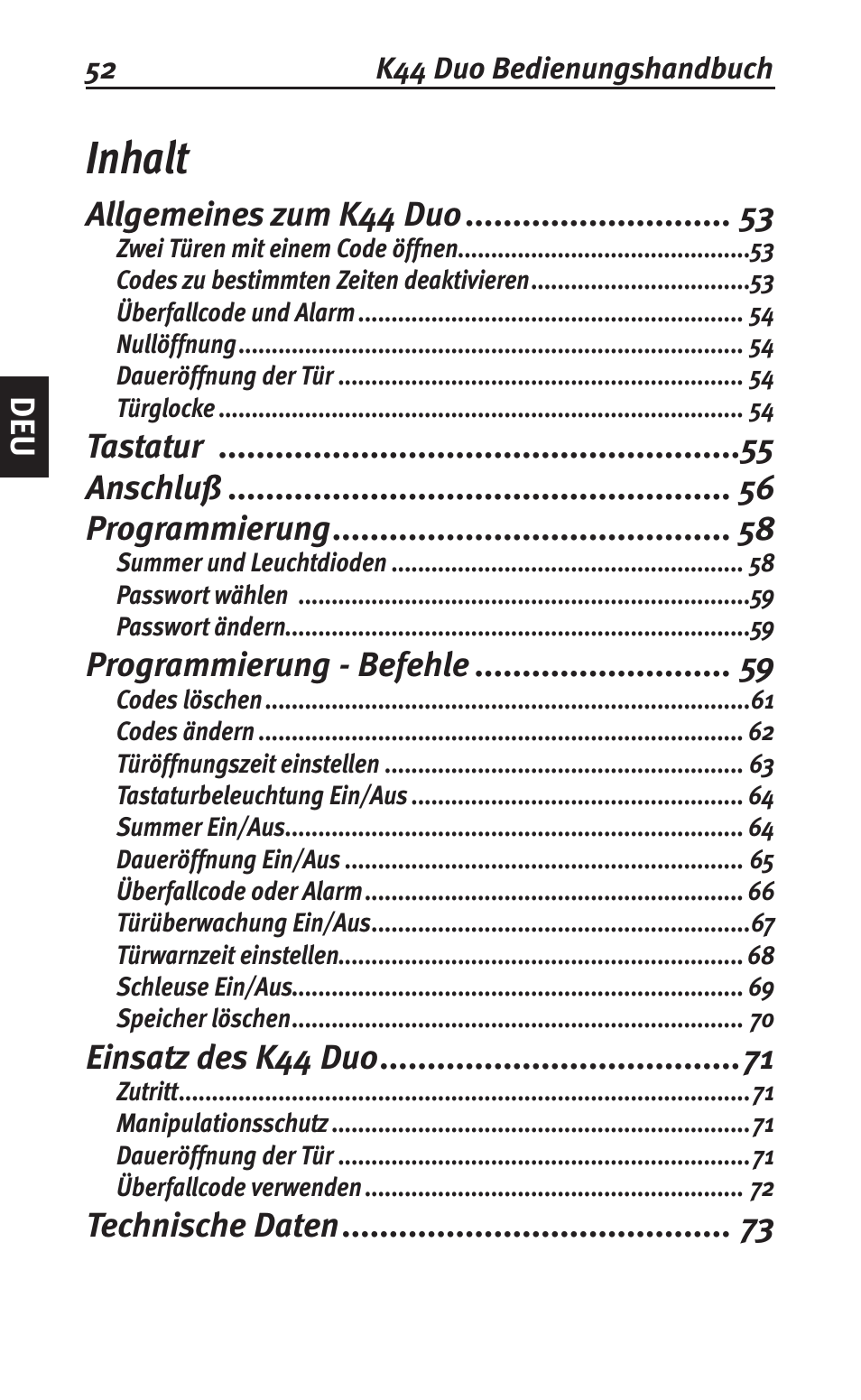 Inhalt, Allgemeines zum k44 duo, Tastatur anschluß programmierung | Programmierung - befehle, Einsatz des k44 duo, Technische daten | Siemens K44 User Manual | Page 52 / 184