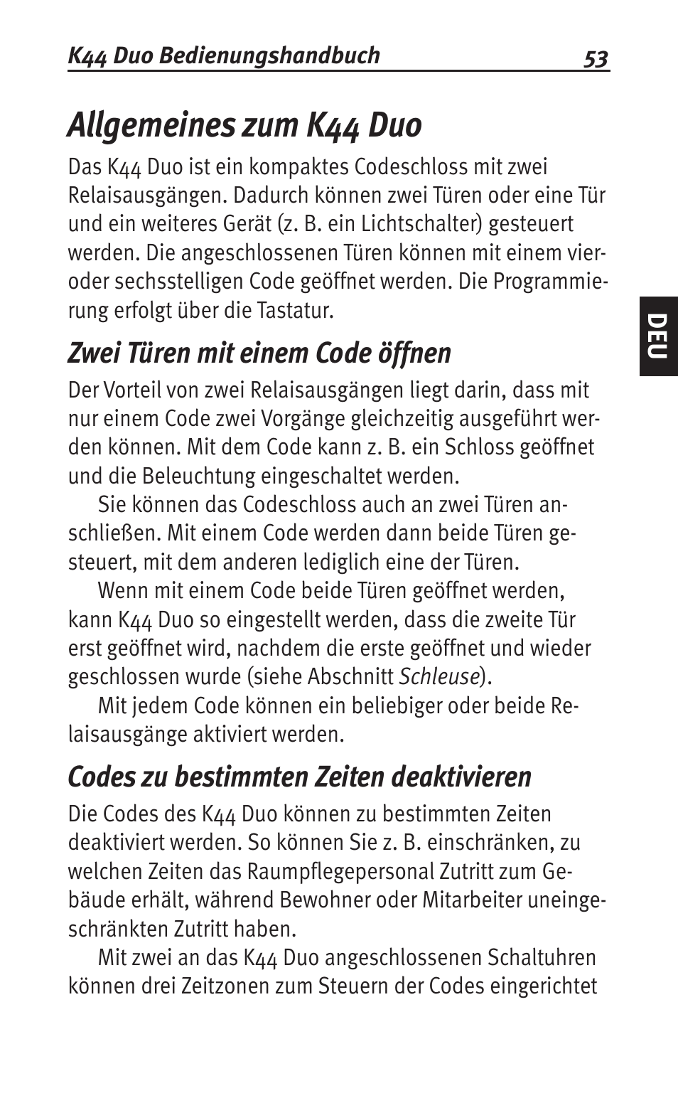 Allgemeines zum k44 duo, Zwei türen mit einem code öffnen, Codes zu bestimmten zeiten deaktivieren | Siemens K44 User Manual | Page 53 / 184