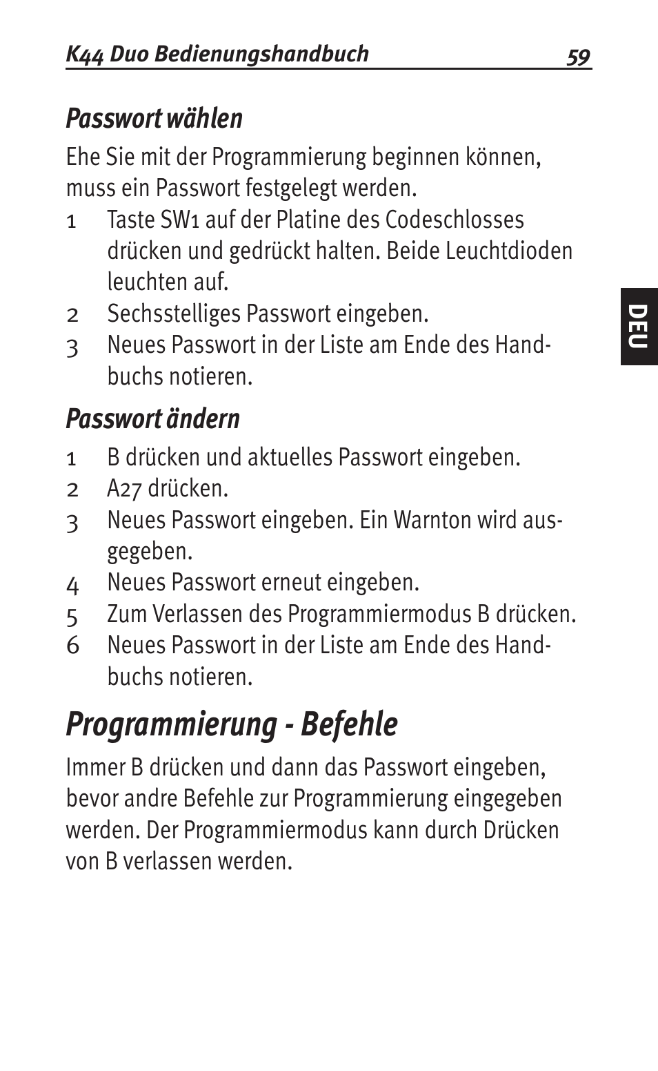 Passwort wählen, Passwort ändern, Programmierung - befehle | Siemens K44 User Manual | Page 59 / 184