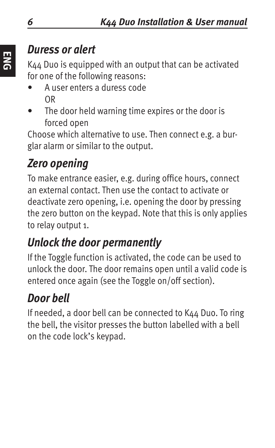 Duress or alert, Zero opening, Unlock the door permanently | Door bell | Siemens K44 User Manual | Page 6 / 184