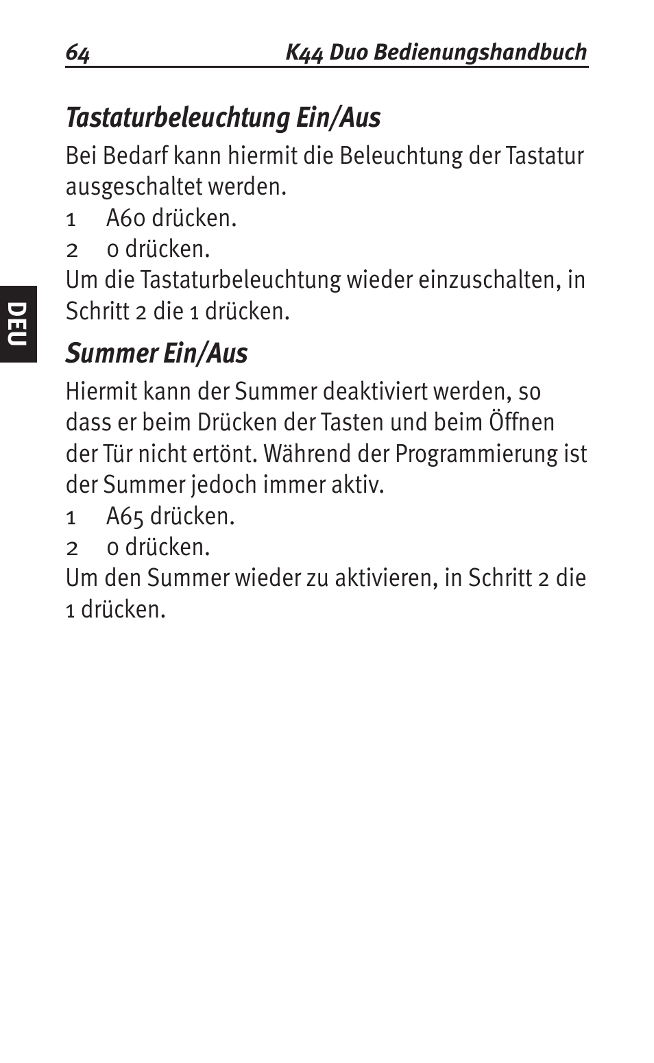Tastaturbeleuchtung ein/aus, Summer ein/aus | Siemens K44 User Manual | Page 64 / 184