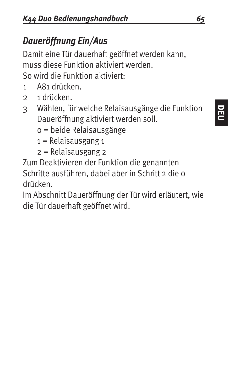 Daueröffnung ein/aus | Siemens K44 User Manual | Page 65 / 184