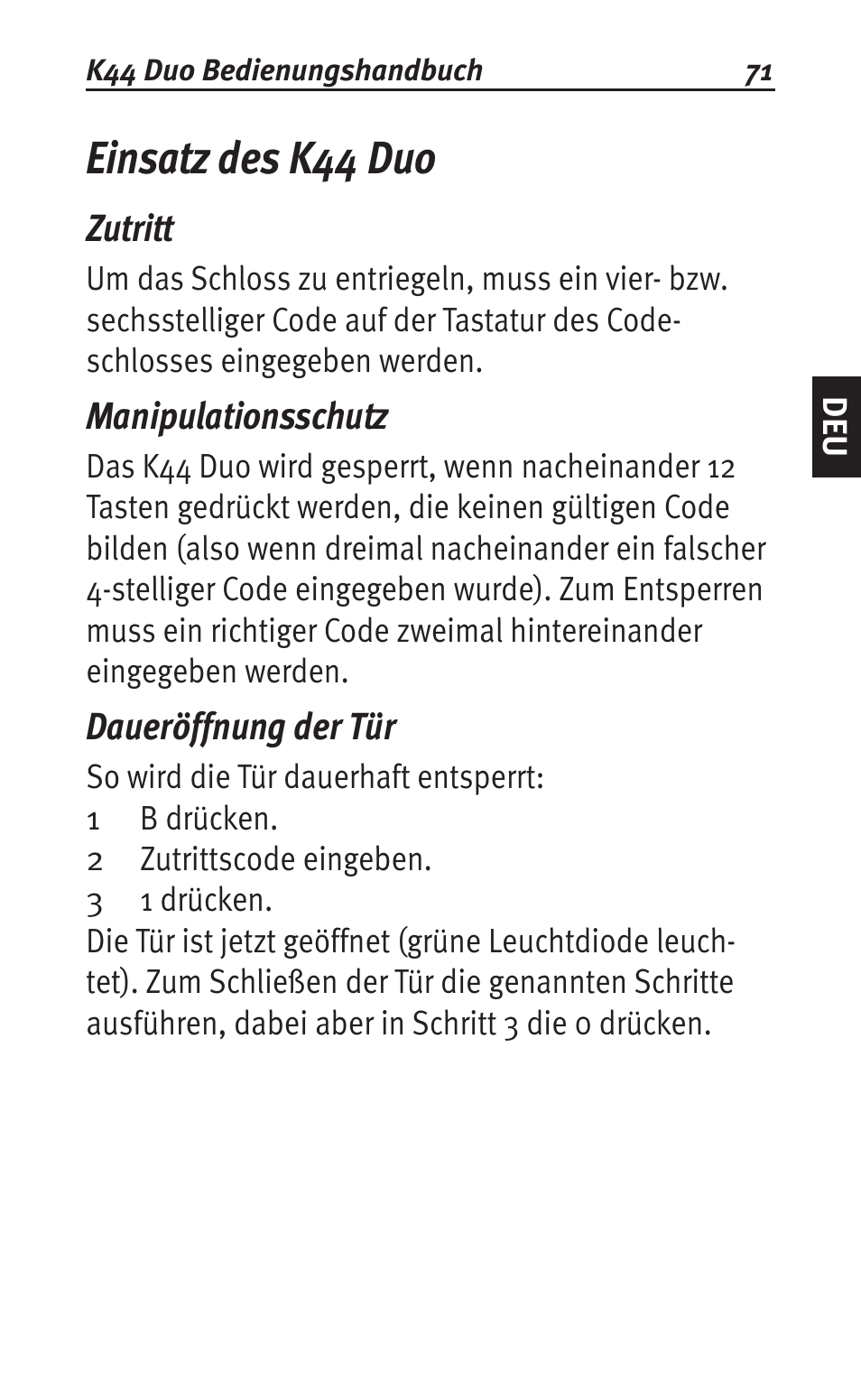 Einsatz des k44 duo, Zutritt, Manipulationsschutz | Daueröffnung der tür | Siemens K44 User Manual | Page 71 / 184