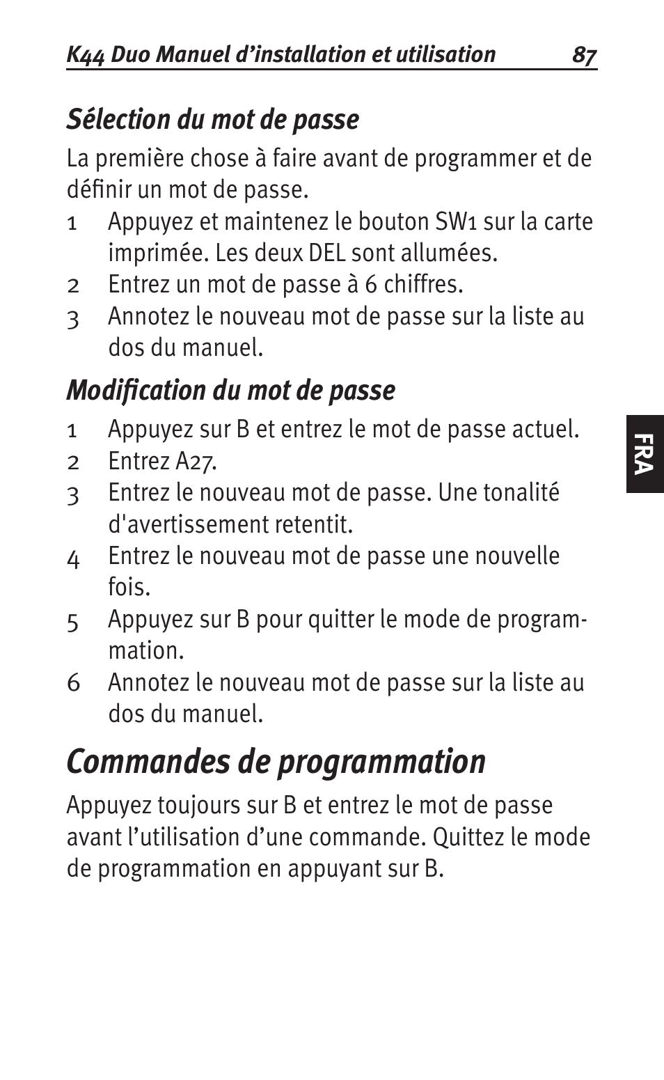 Sélection du mot de passe, Modification du mot de passe, Commandes de programmation | Siemens K44 User Manual | Page 87 / 184