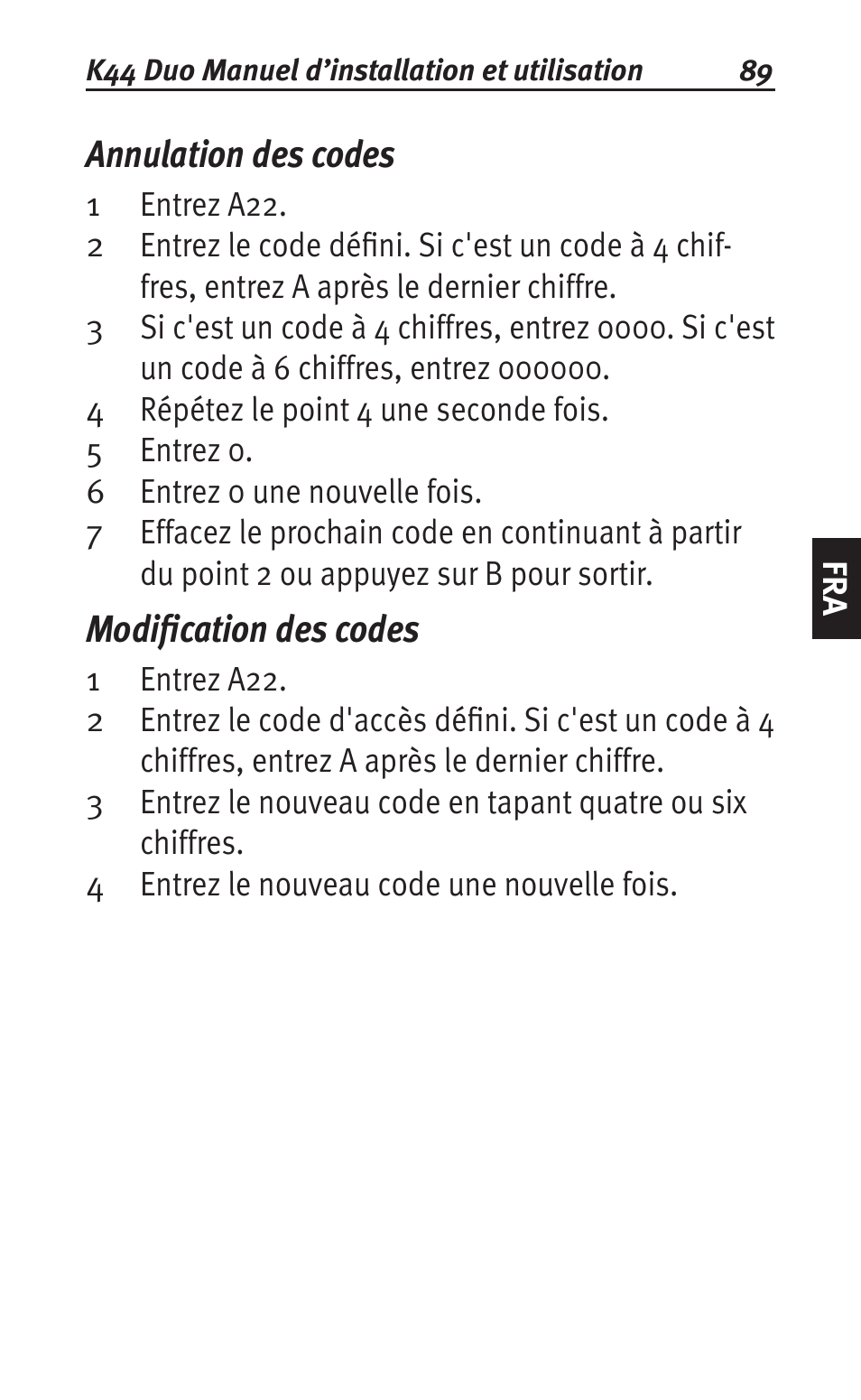 Annulation des codes, Modification des codes | Siemens K44 User Manual | Page 89 / 184