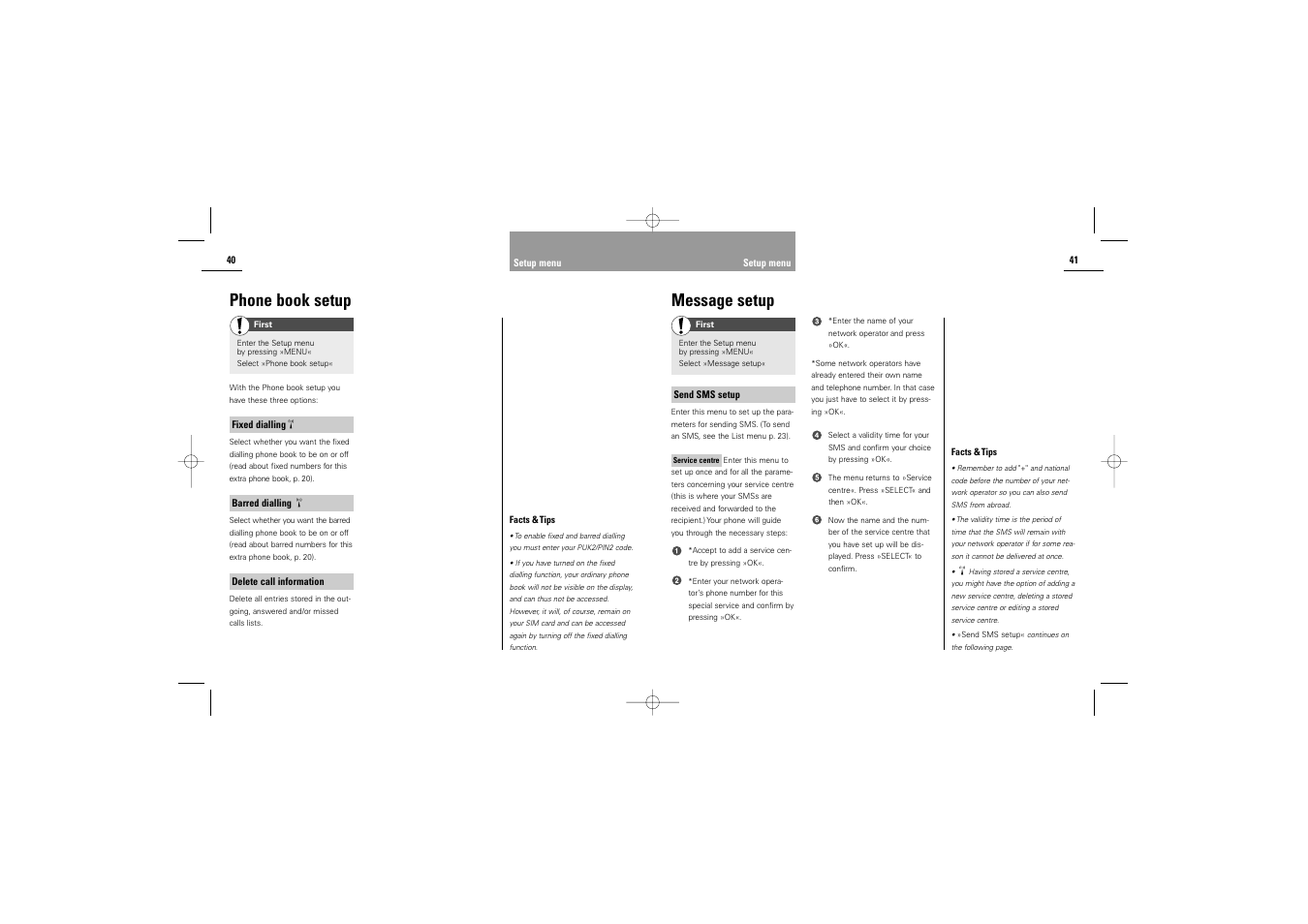 Message setup, Phone book setup | Siemens C30 User Manual | Page 22 / 31