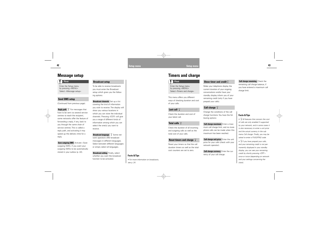 Timers and charge, Message setup | Siemens C30 User Manual | Page 23 / 31