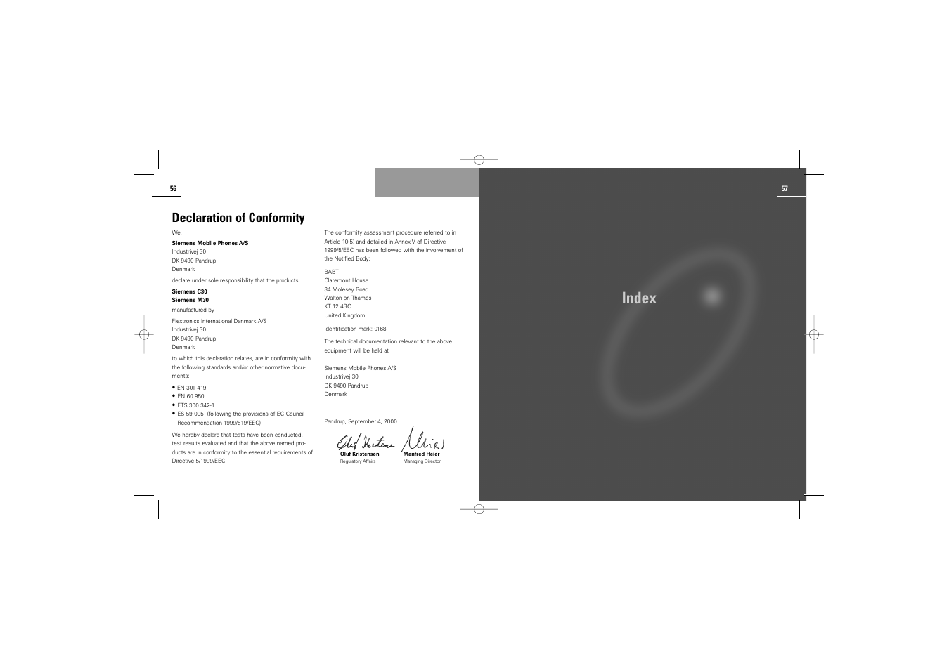 Index, Declaration of conformity | Siemens C30 User Manual | Page 30 / 31