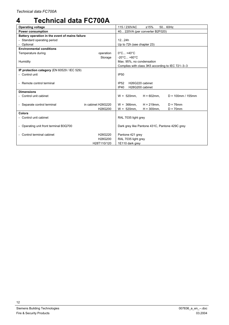 Technical data fc700a, 4technical data fc700a | Siemens FC700A User Manual | Page 12 / 70