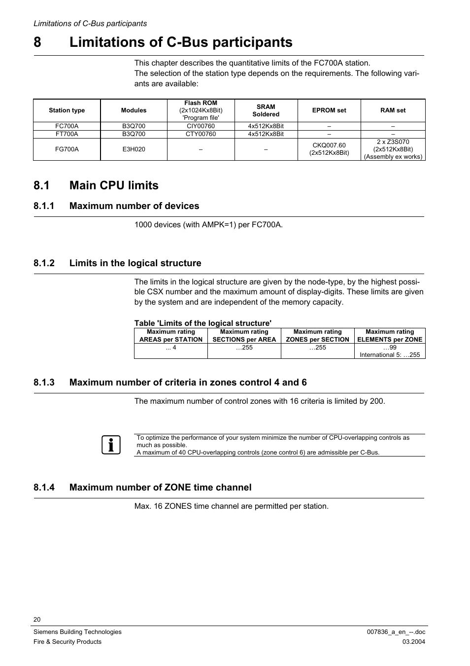 Limitations of c-bus participants, Main cpu limits, Maximum number of devices | Limits in the logical structure, Maximum number of zone time channel, 8limitations of c-bus participants, 1 main cpu limits, 1 maximum number of devices, 2 limits in the logical structure, 4 maximum number of zone time channel | Siemens FC700A User Manual | Page 20 / 70