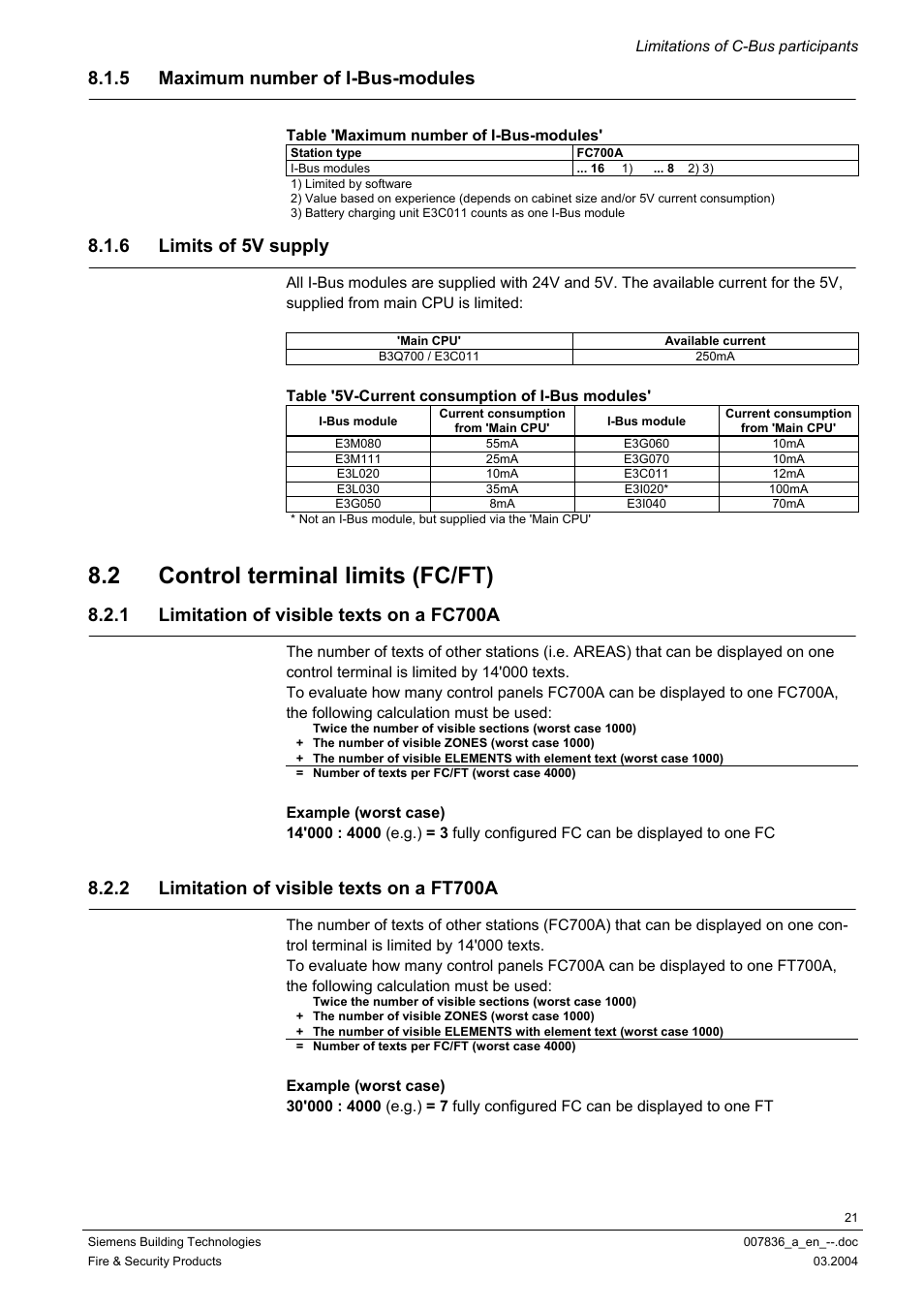 Maximum number of i-bus-modules, Limits of 5v supply, Control terminal limits (fc/ft) | Limitation of visible texts on a fc700a, Limitation of visible texts on a ft700a, 2 control terminal limits (fc/ft), 5 maximum number of i-bus-modules, 6 limits of 5v supply, 1 limitation of visible texts on a fc700a, 2 limitation of visible texts on a ft700a | Siemens FC700A User Manual | Page 21 / 70