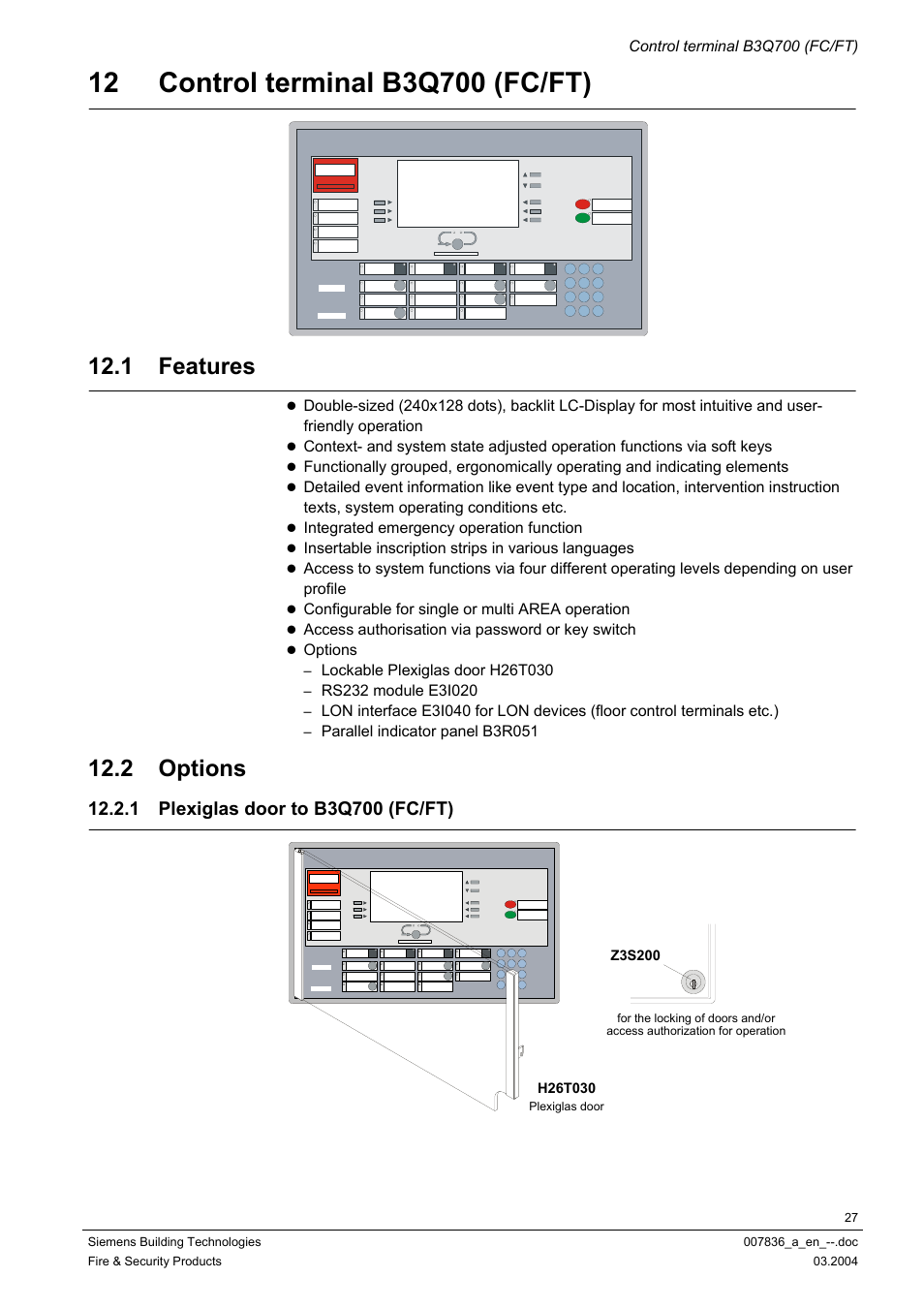 Control terminal b3q700 (fc/ft), Features, Options | Plexiglas door to b3q700 (fc/ft), Details see chapter 12, Details see chapter 12 and, 1 features, 2 options | Siemens FC700A User Manual | Page 27 / 70