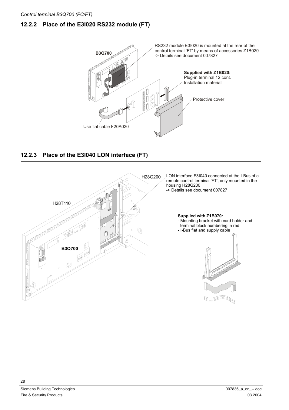 Place of the e3i020 rs232 module (ft), Place of the e3i040 lon interface (ft) | Siemens FC700A User Manual | Page 28 / 70