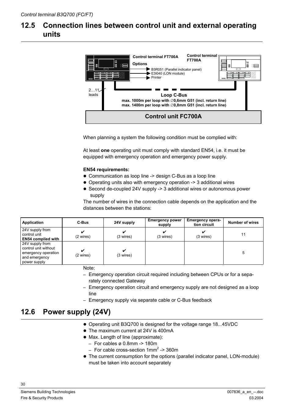 Power supply (24v), 6 power supply (24v), Control unit fc700a | Siemens FC700A User Manual | Page 30 / 70