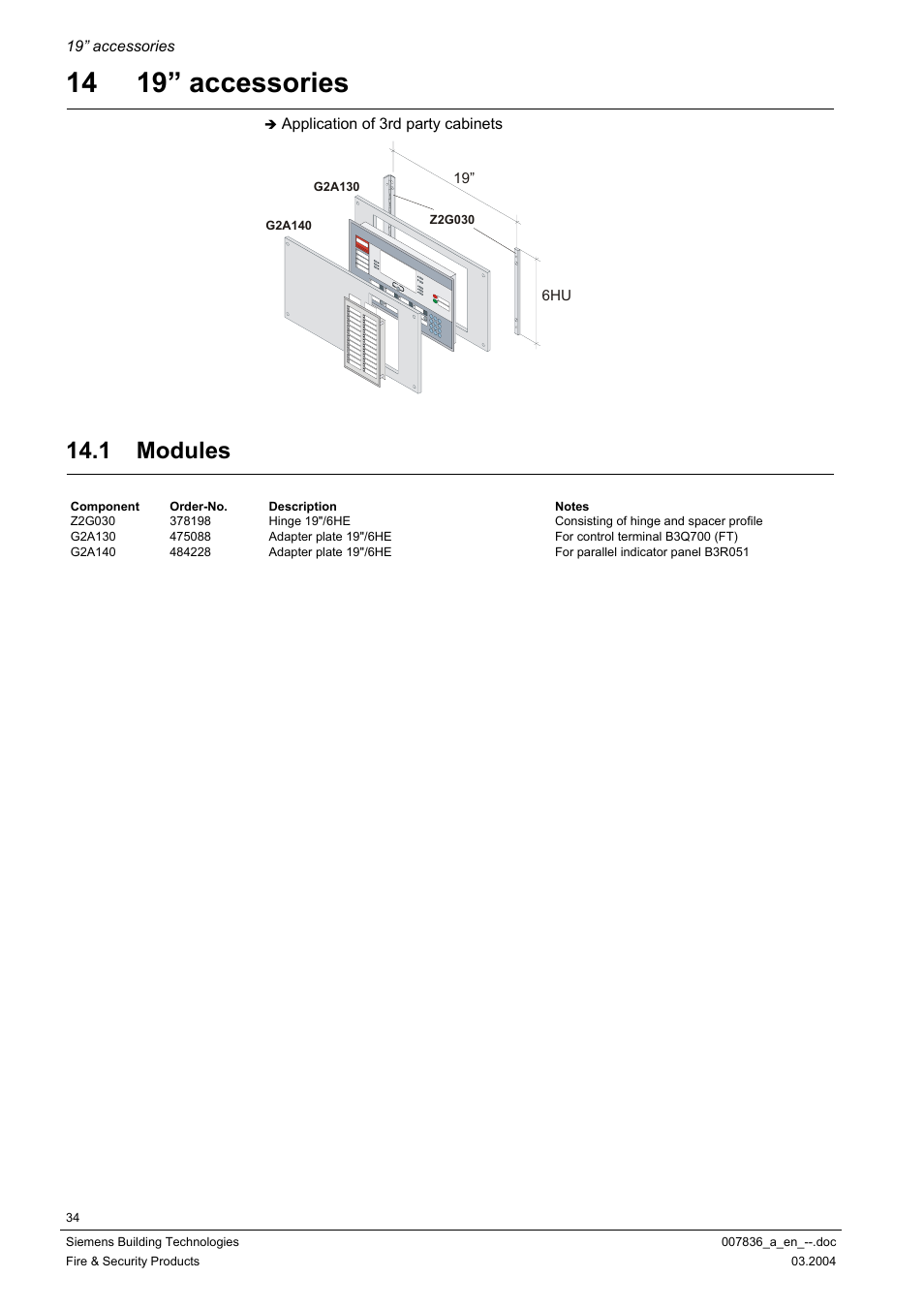 19” accessories, Modules, 14 19” accessories | 1 modules | Siemens FC700A User Manual | Page 34 / 70