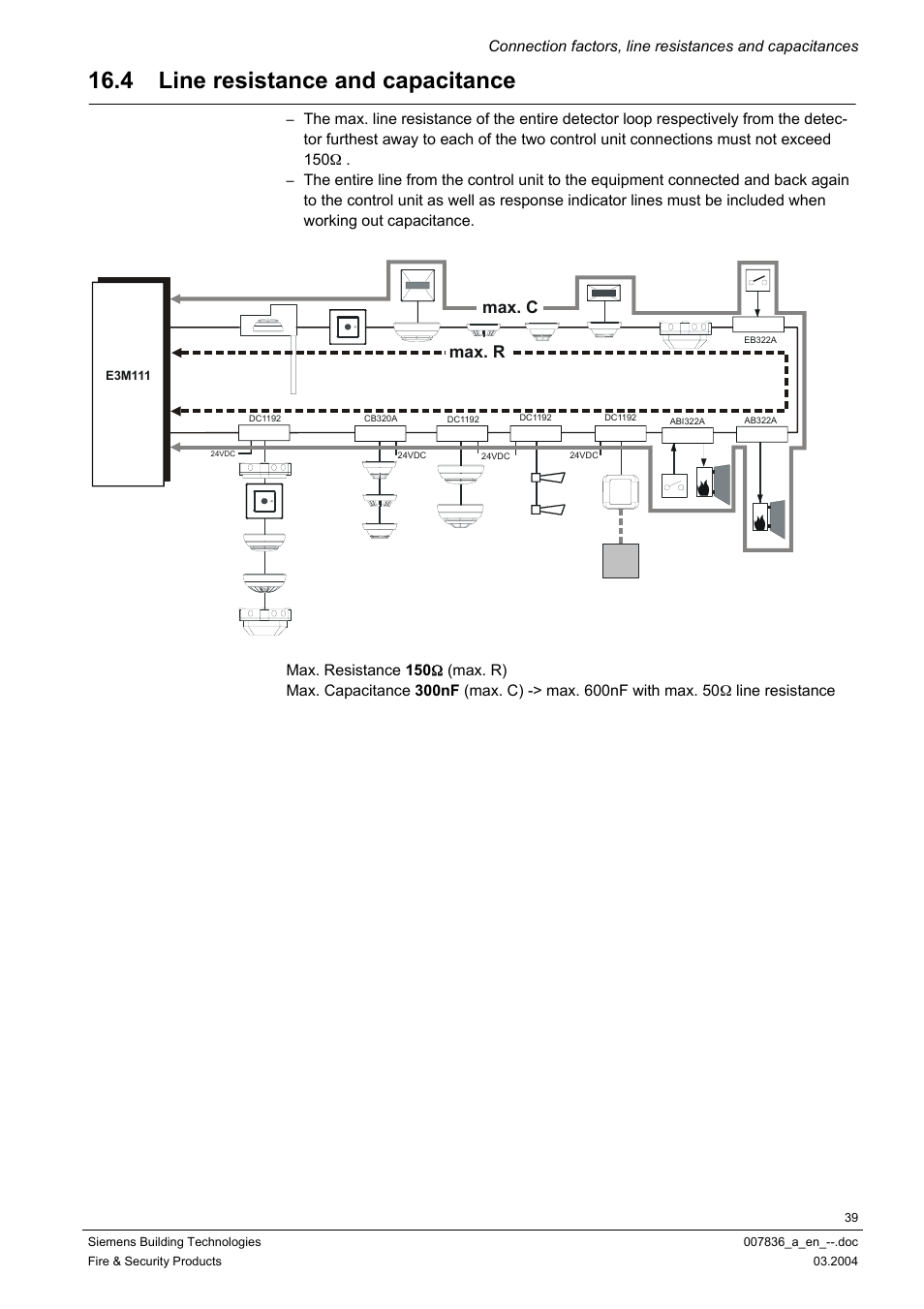 Line resistance and capacitance, 4 line resistance and capacitance, Max. r max. c | Siemens FC700A User Manual | Page 39 / 70